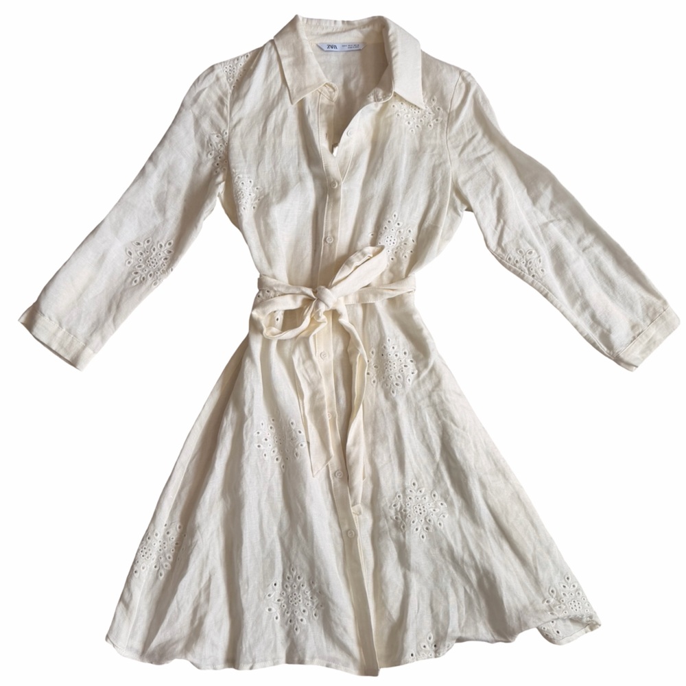 Zara White Linen Blend Embroidered Shirt Dress – S